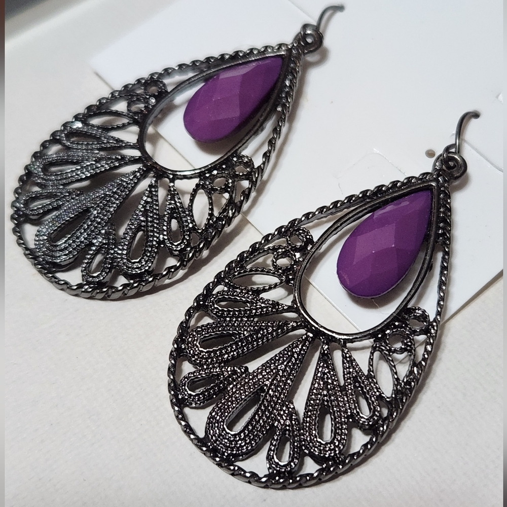 Purple and Metallic Dangle Earrings